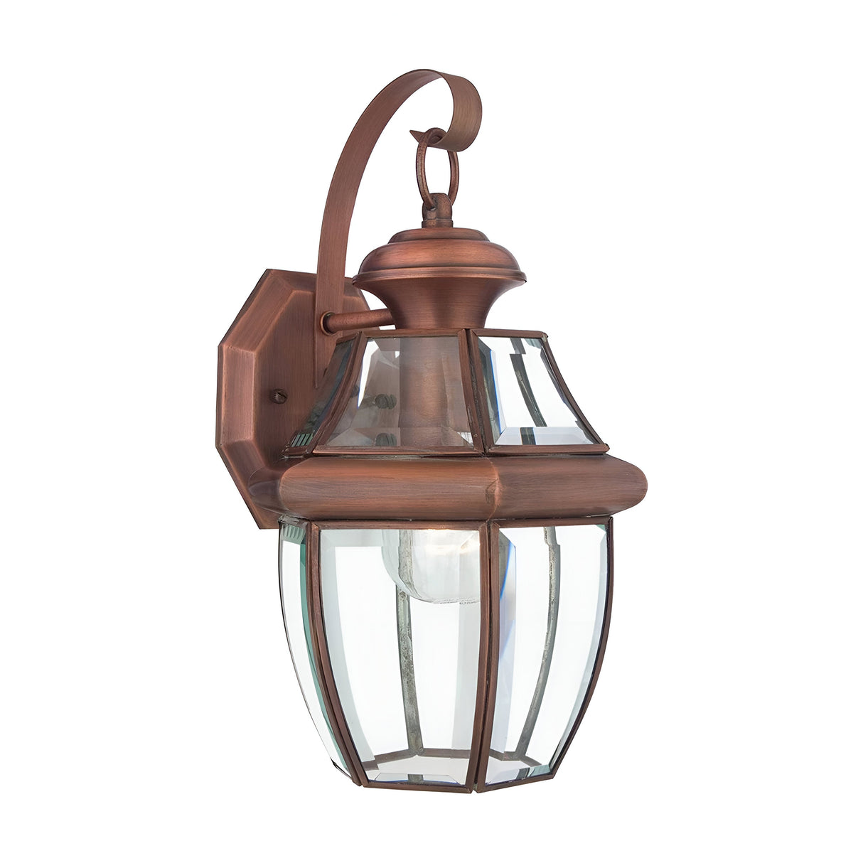 Introducing the Newbury Outdoor 1 Light Medium Wall Lantern in Lacquered Aged Copper, featuring a vintage design with clear beveled glass panels. Its elegant curved arm and hexagonal shape enhance any exterior with charm.