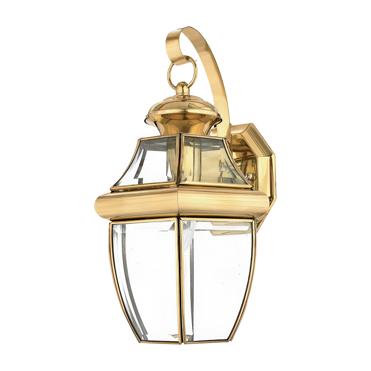 The Newbury Outdoor 1 Light Medium Wall Lantern in lacquered polished brass showcases a classic design with beveled glass panels and an elegant curved arm. Its timeless and sophisticated appearance is heightened by a gleaming finish that effortlessly enhances any exterior setting.