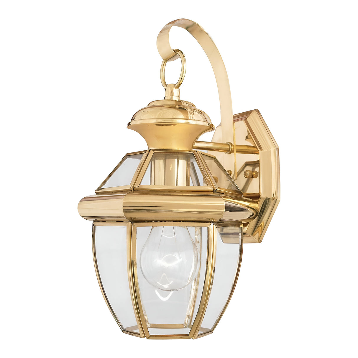 The Newbury Outdoor 1 Light Small Wall Lantern in lacquered polished brass elegantly displays a single clear bulb within its beveled glass panels. Its sophisticated design, featuring a graceful curved arm, is beautifully highlighted against a white background.
