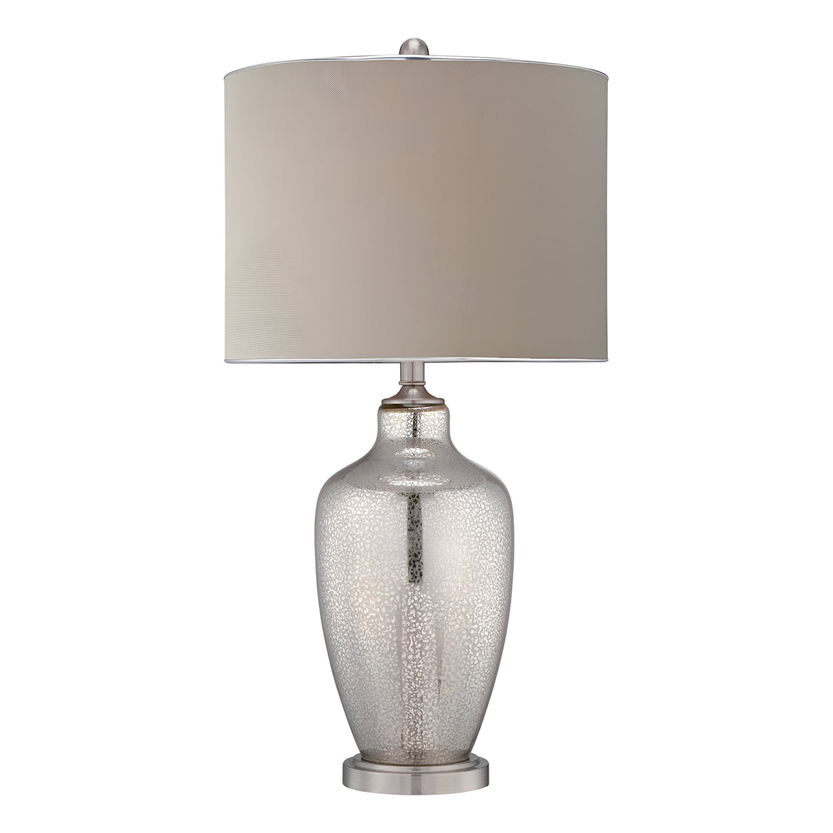 The Nicolls 1 Light Table Lamp - Mercury Glass features an elegant design with a beige drum shade, providing ambient lighting on any flat surface. Its reflective base and simple contemporary style bring sophistication to any space.