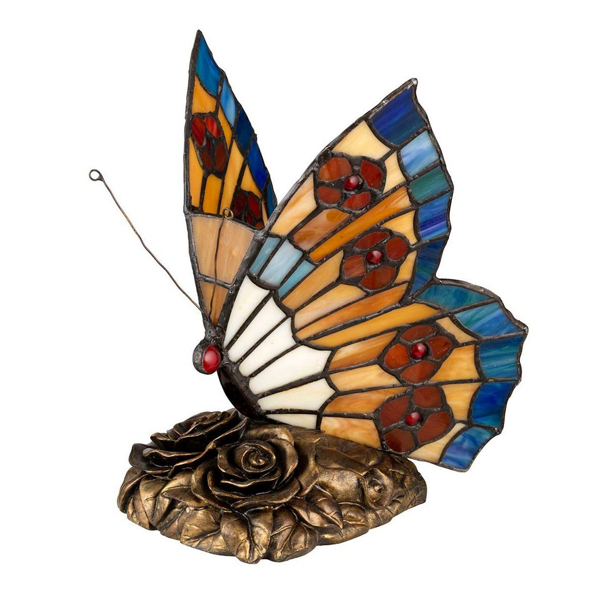 The Tiffany Animal Lamps Orange Butterfly Lamp, with striking blue, orange, and white stained-glass wings complemented by red accents, is elegantly perched on an architectural bronze base shaped like roses.