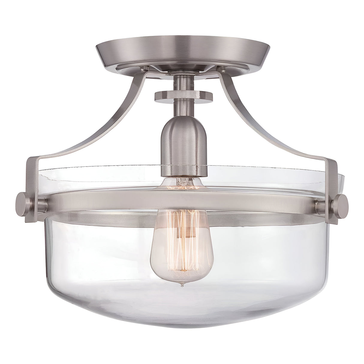 Discover the industrial allure of the Penn Station 1 Light Semi-Flush - Brushed Nickel, a modern ceiling fixture featuring an exposed bulb design, clear glass shade, and circular mounting base that effortlessly combines industrial and contemporary aesthetics.