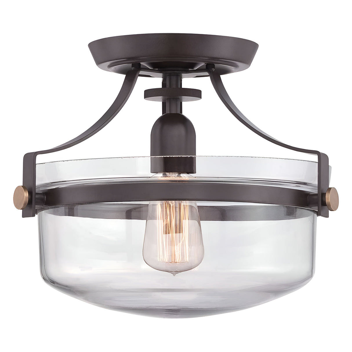The Penn Station 1 Light Semi-Flush in Western Bronze features a modern design with a round glass shade and exposed filament bulb. It combines a black metal frame with Western Bronze accents and curved supports, while the brass detailing offers a sleek contemporary appearance with a subtle rustic touch.