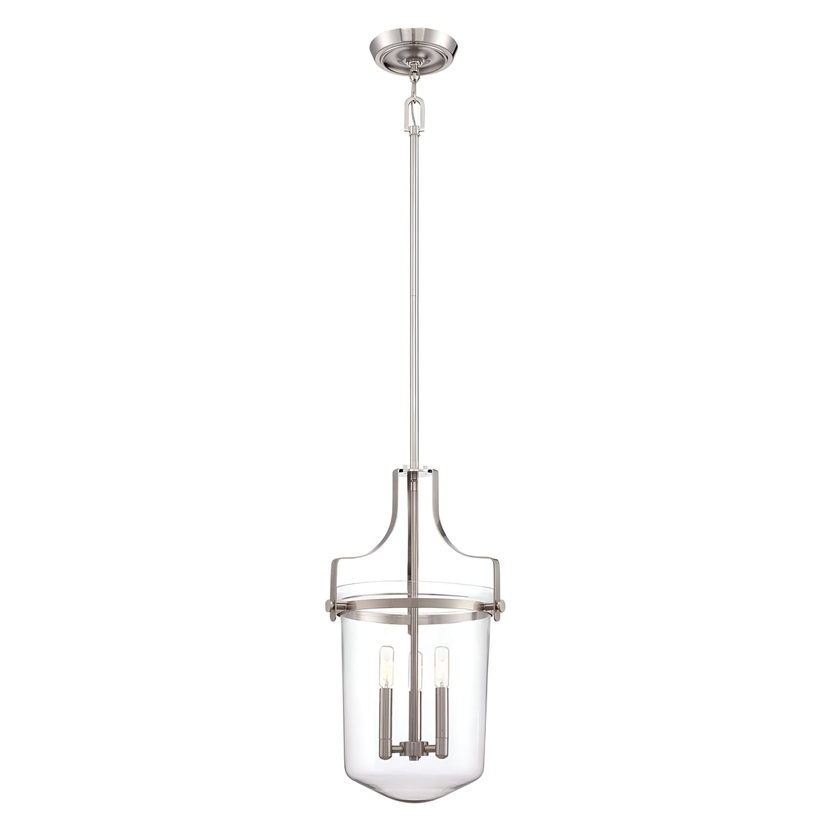 The Penn Station 3 Light Chandelier in Brushed Nickel elegantly combines industrial charm with a modern aesthetic. It features a clear glass shade that encases three exposed bulbs, all suspended by a sleek, long metal rod for a contemporary flair.