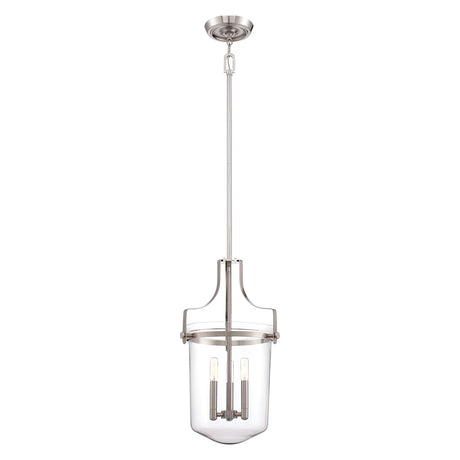 The Penn Station 3 Light Chandelier in Brushed Nickel elegantly combines industrial charm with a modern aesthetic. It features a clear glass shade that encases three exposed bulbs, all suspended by a sleek, long metal rod for a contemporary flair.