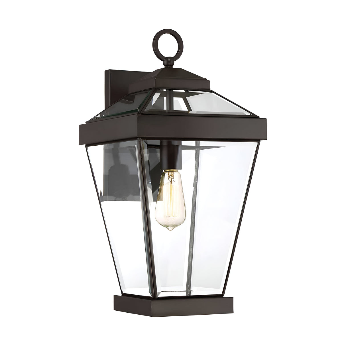 Introducing the Ravine Outdoor Large Wall Lantern in Western Bronze, a stylish outdoor fixture that features a black metal frame with clear beveled glass panels. Inside, an antique-style exposed bulb adds to its vintage charm while a square base and decorative small loop on top complete its design.
