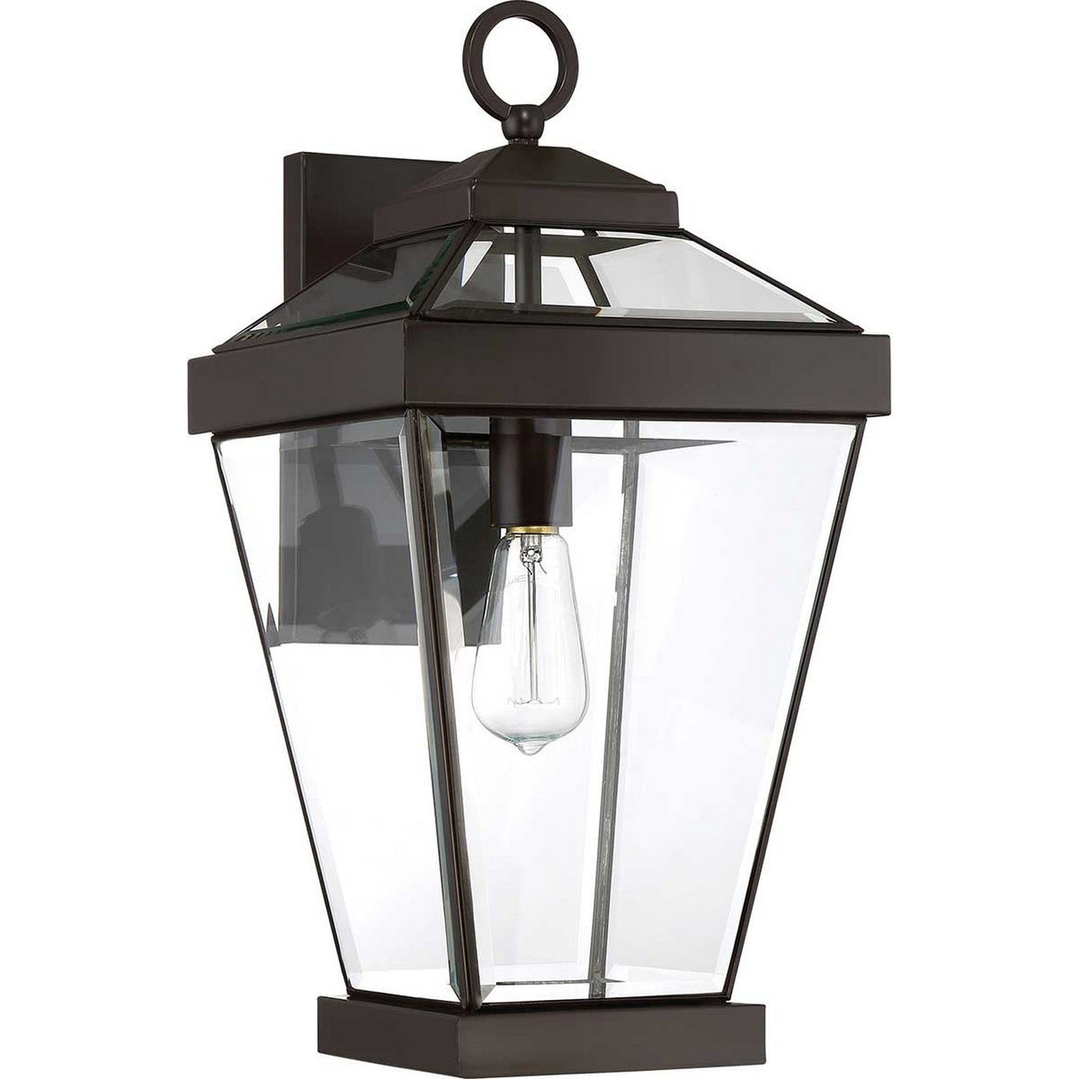 The Ravine Outdoor Large Wall Lantern in Western Bronze boasts a classic design with clear beveled glass panels and an exposed bulb, complemented by a decorative loop on top that adds an elegant touch to any exterior setting.