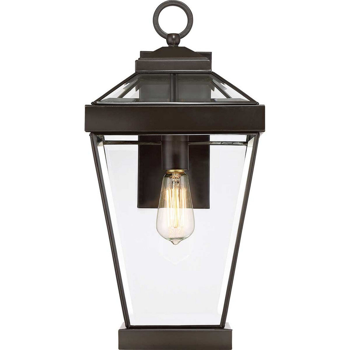 The Ravine Outdoor Large Wall Lantern in Western bronze features a black metal frame with an exposed vintage-style filament bulb. Its rectangular design is complemented by clear beveled glass and a decorative loop at the top, adding timeless elegance to your exterior decor.