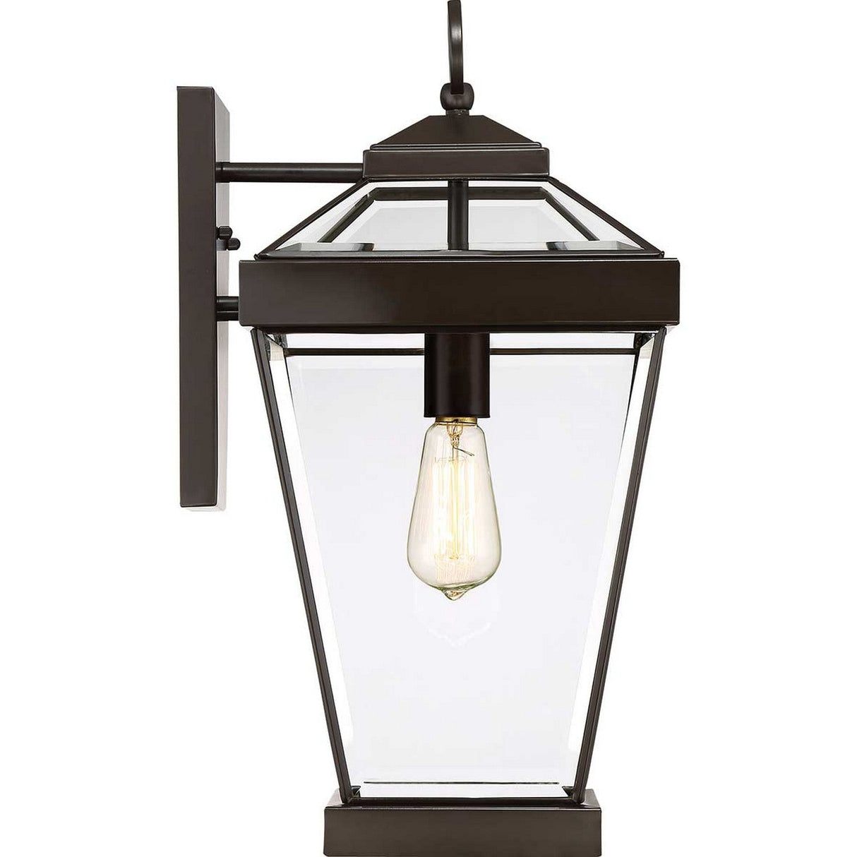 The Ravine Outdoor Large Wall Lantern in Western Bronze is crafted with black metal and glass, showcasing a clear beveled glass and a vintage-style bulb inside. It mounts on a square backplate, featuring a classic design with clean lines.