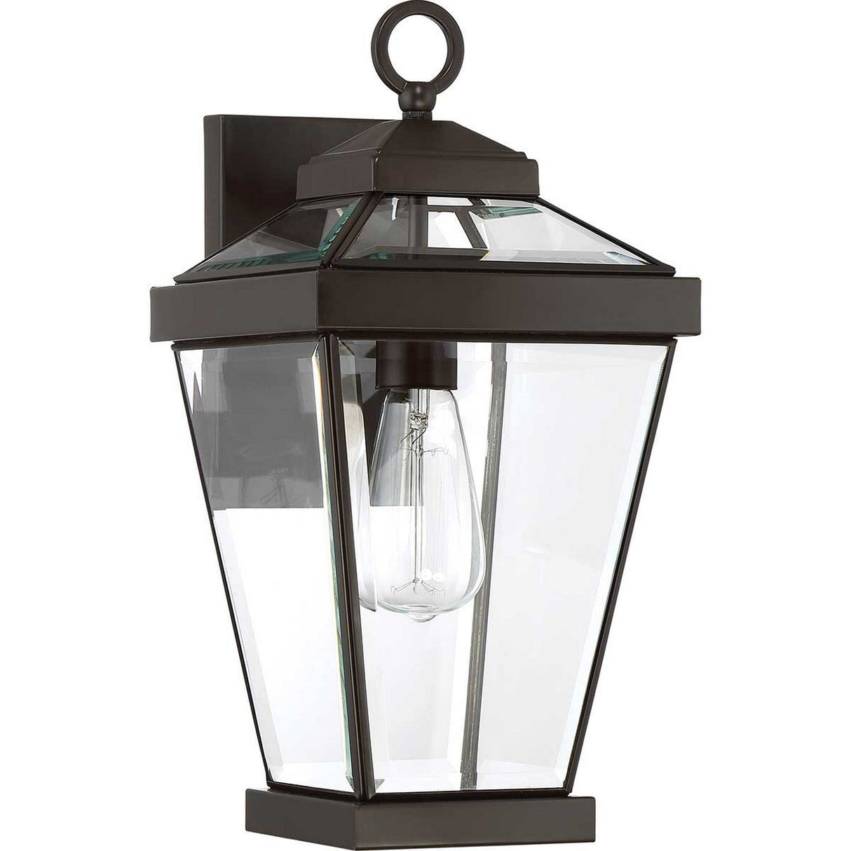 The Ravine Outdoor Medium Wall Lantern in Western Bronze showcases a classic design with beveled glass panels surrounding a single bulb. It features a decorative loop at the top and a rectangular mounting base, adding timeless elegance to any exterior.