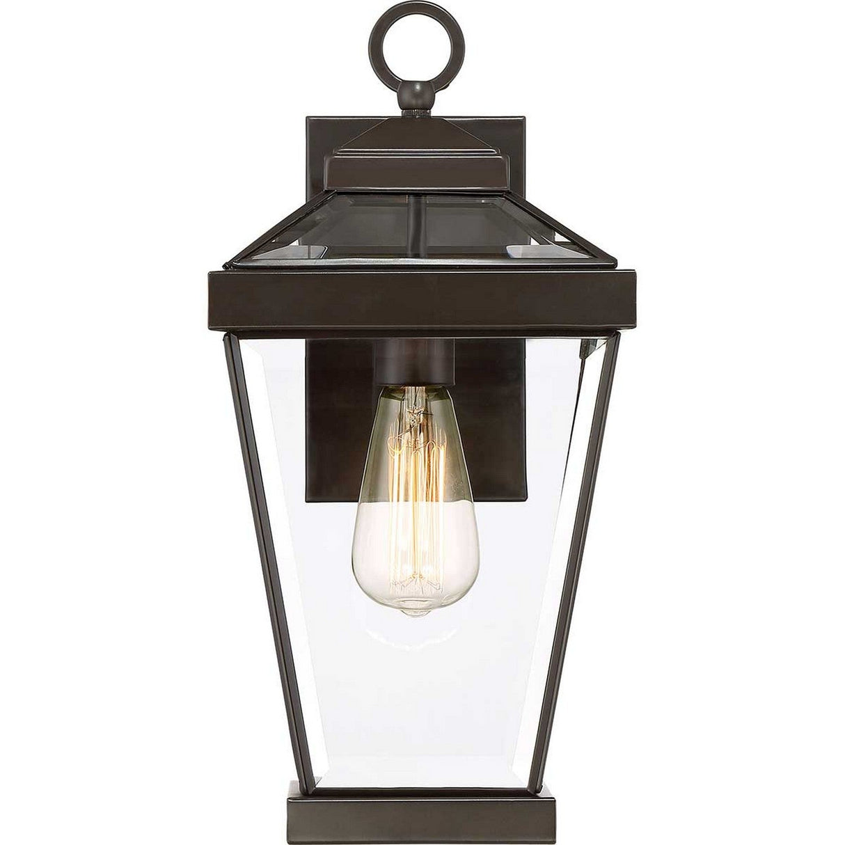 The Ravine Outdoor Medium Wall Lantern features a Western Bronze metal frame and clear beveled glass panels in a vintage style. It has an exposed bulb inside, complemented by a decorative loop on top for mounting.