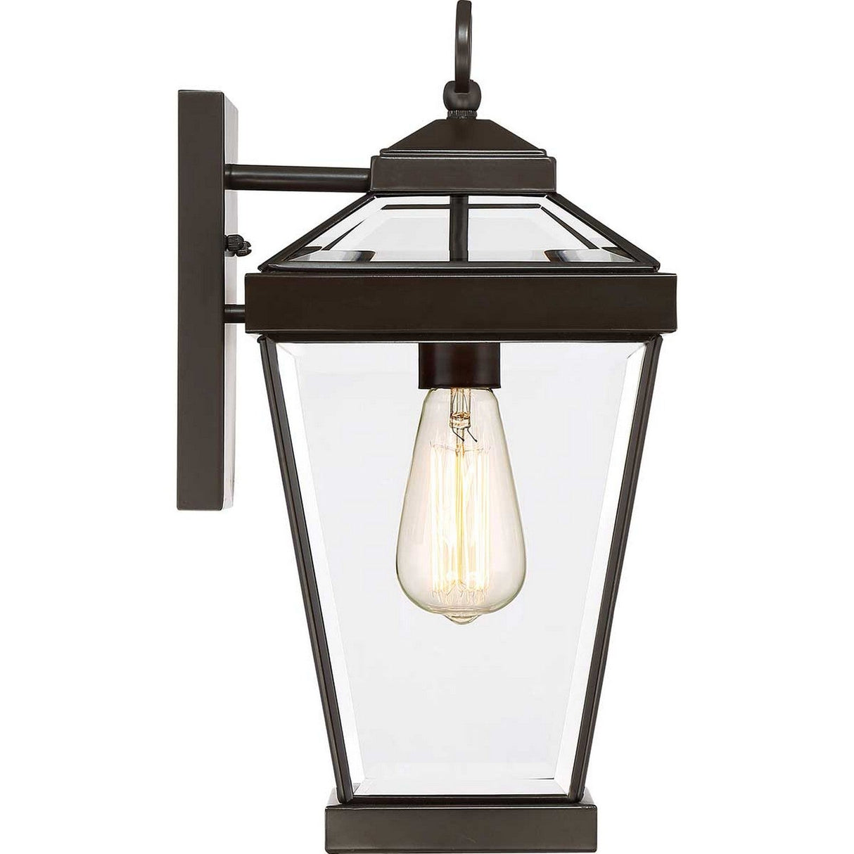 The Ravine Outdoor Medium Wall Lantern in Western Bronze features a classic, symmetrical design with a pyramid-shaped top, beveled glass panels, and an exposed Edison-style bulb. It is mounted on a rectangular backplate.