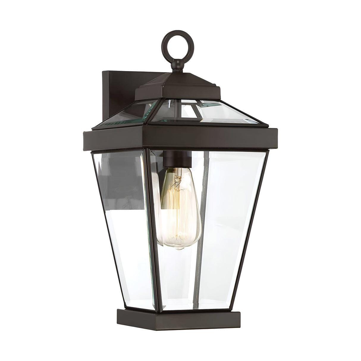 The Ravine Outdoor Medium Wall Lantern in Western Bronze is a black metal and glass lantern featuring beveled glass panels and a classic design. It houses a single exposed light bulb inside and includes a small round handle at the top, with Western Bronze accents enhancing its elegant appearance.
