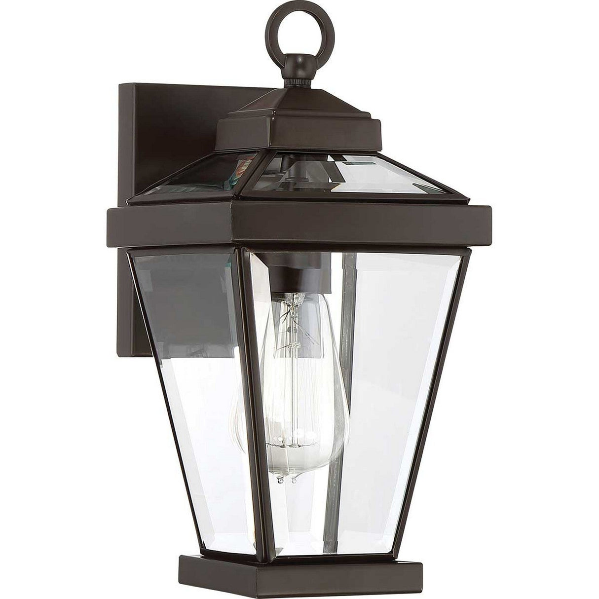 The Ravine Outdoor Small Wall Lantern in Western Bronze features a classic geometric design with clear glass panels and a vintage-style light bulb, making it an ideal choice for exterior lighting that enhances your outdoor decor.