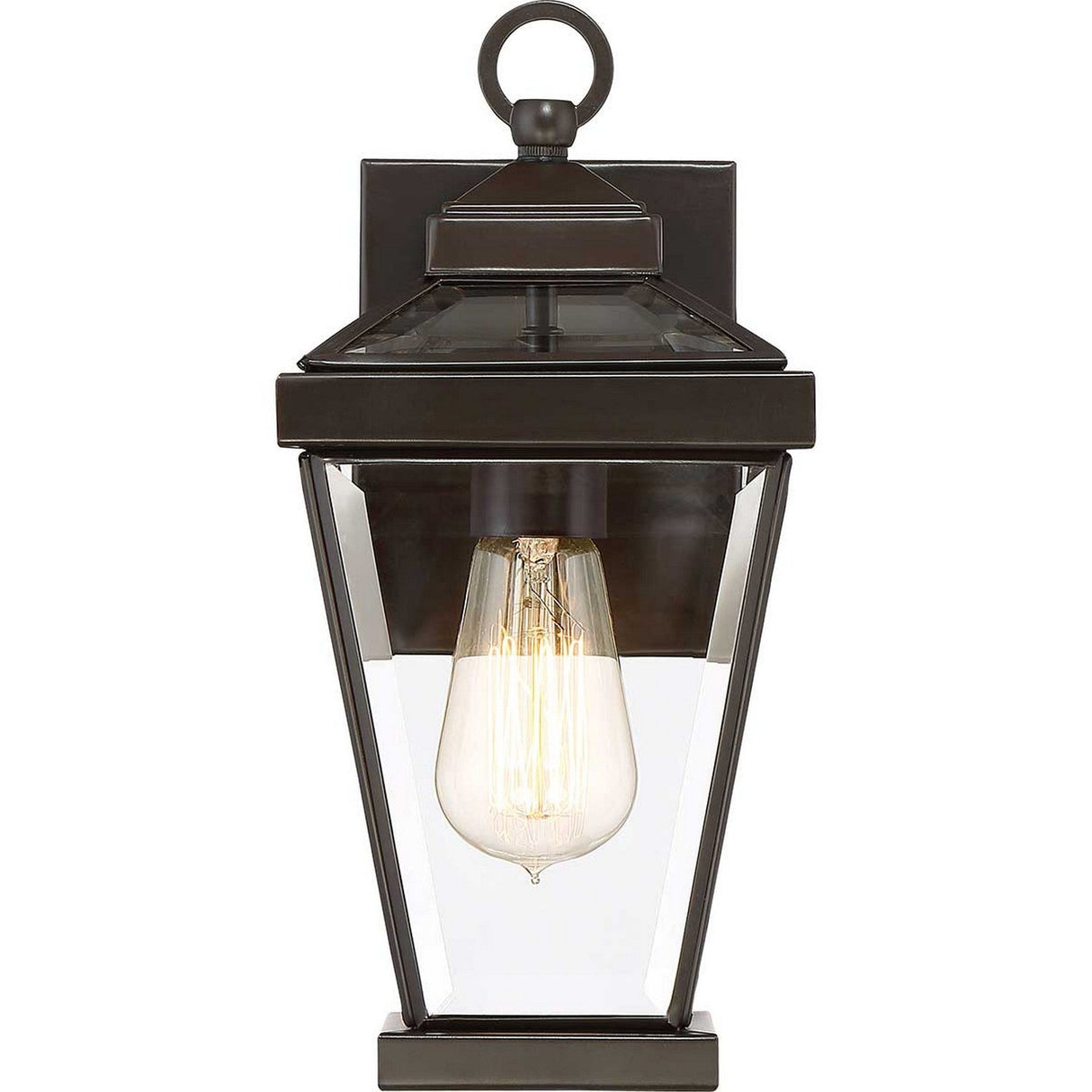 The Ravine Outdoor Small Wall Lantern in a Western Bronze finish enhances the charm of any outdoor decor. Featuring a classic black metal frame with clear glass panels, it elegantly displays a vintage-style exposed bulb and includes a convenient loop on top for easy mounting.