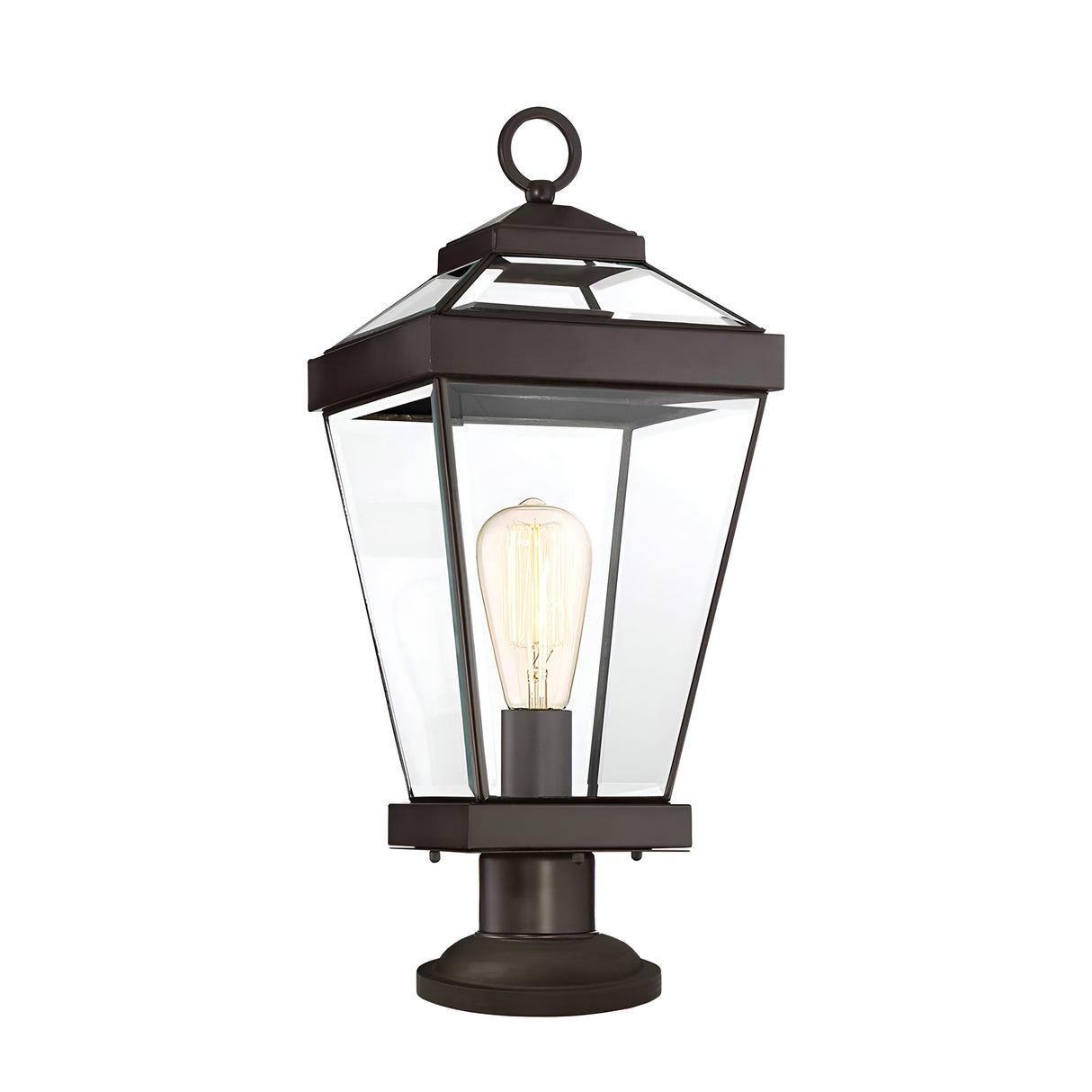 The Ravine Medium Pedestal in Western Bronze is a black metal outdoor lantern with clear beveled glass casing and an exposed vintage-style light bulb. It features a square base and a loop on top for hanging, effortlessly combining functionality with classic elegance.