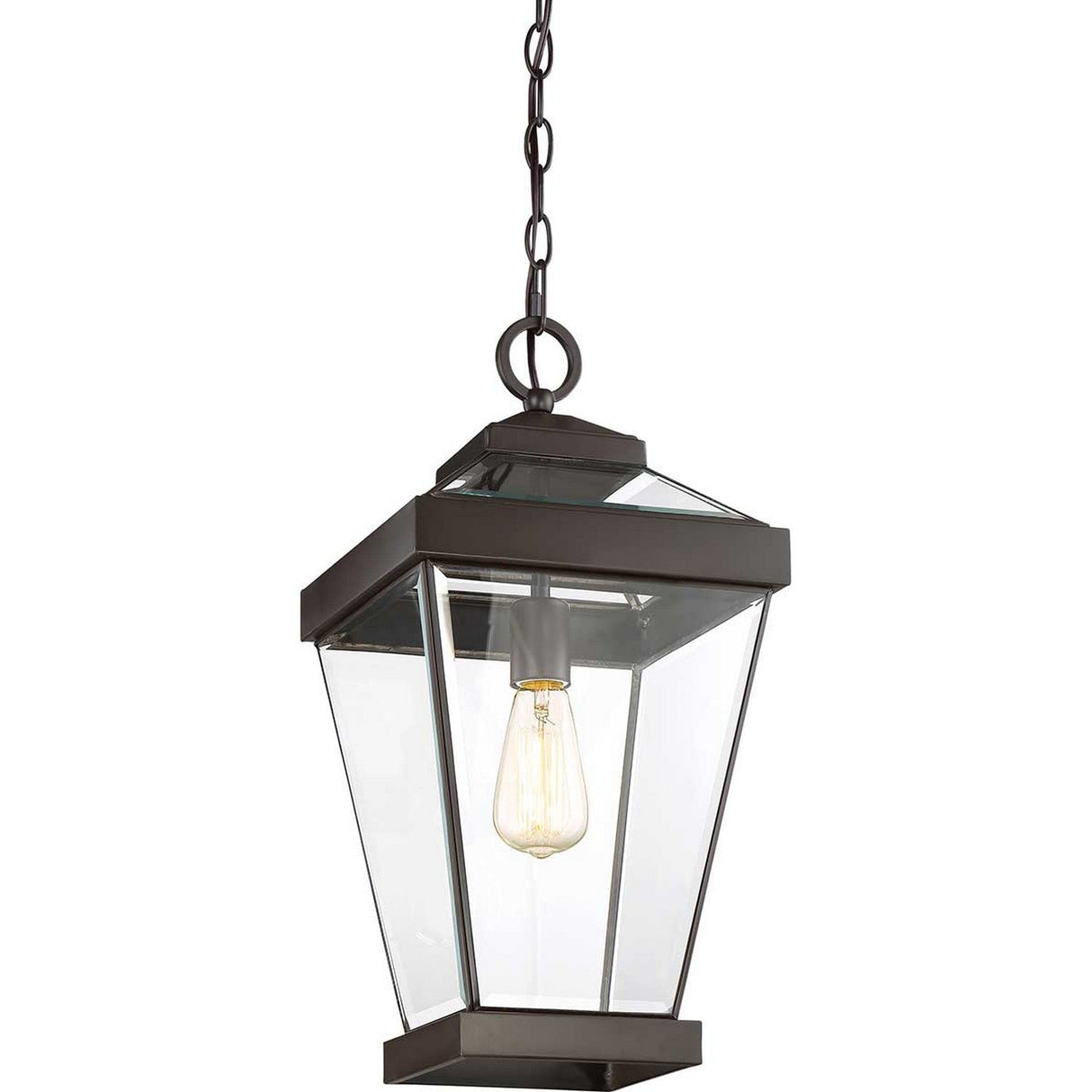 The Ravine Outdoor Large Chain Pendant in Western Bronze is ideal for outdoor areas, showcasing a black metal frame with a Western Bronze finish. Complete with clear glass panels and an exposed bulb, it elegantly hangs by a chain to brighten your evenings.