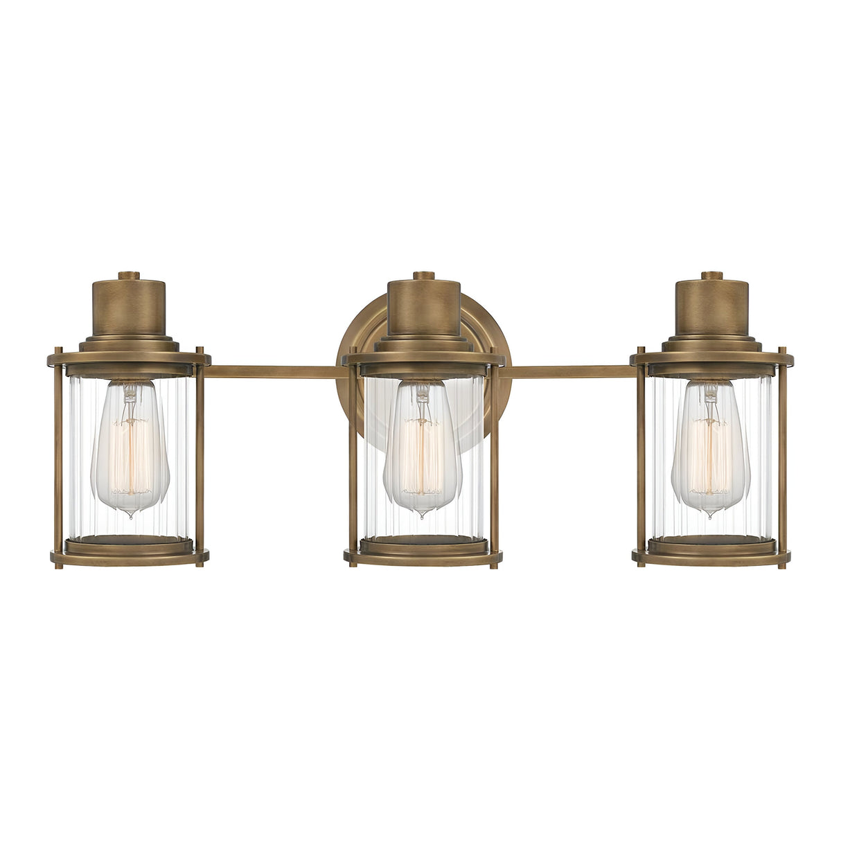 Riggs 3 Light Wall Light in Weathered Brass features a trio of ribbed glass shades with exposed bulbs, supported on a horizontal brass bar and secured to a round backplate.