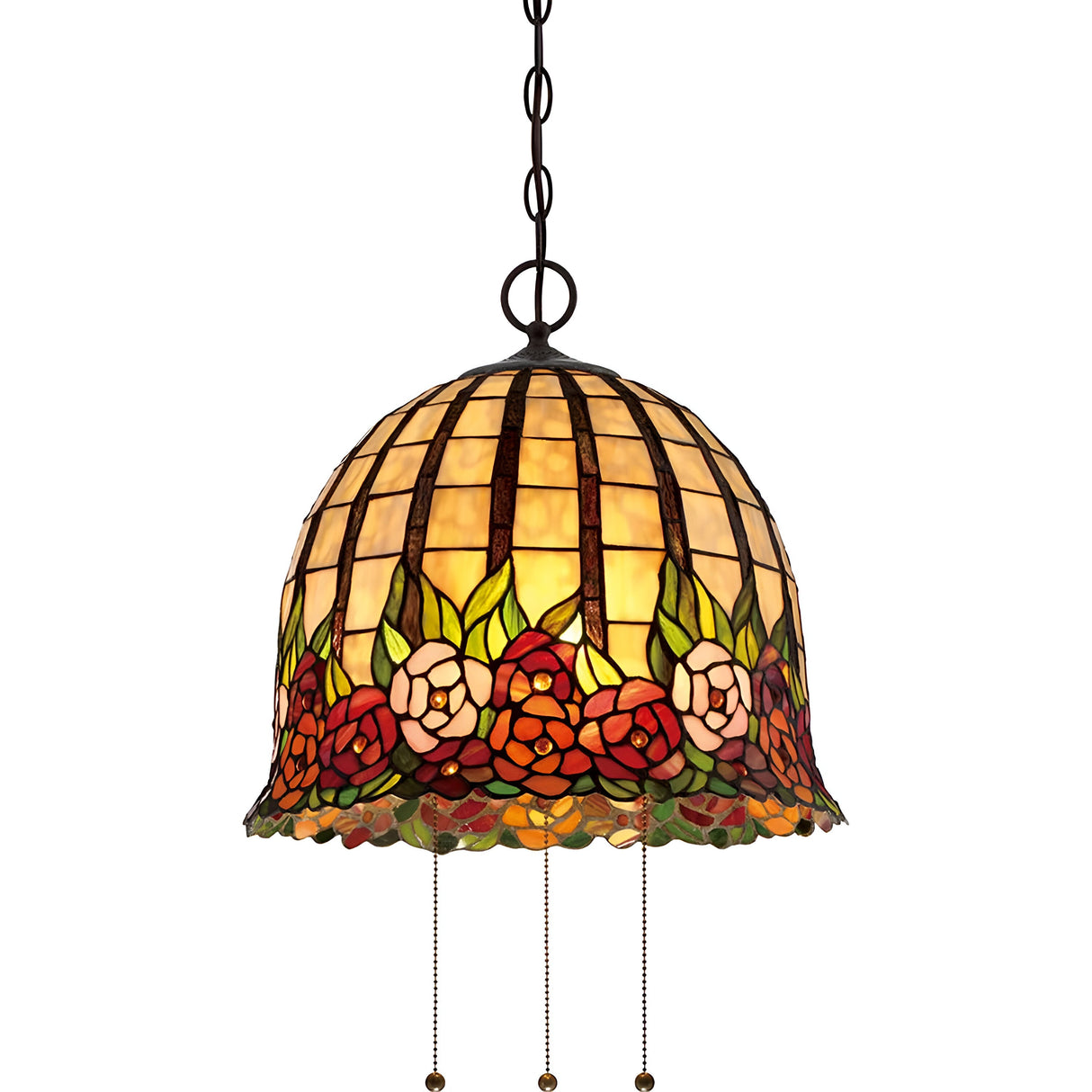 The Rosecliffe 3 Light Tiffany Pendant in Imperial Bronze beautifully displays a floral pattern with red roses and green leaves, suspended elegantly from a chain. It emits a warm, captivating glow.