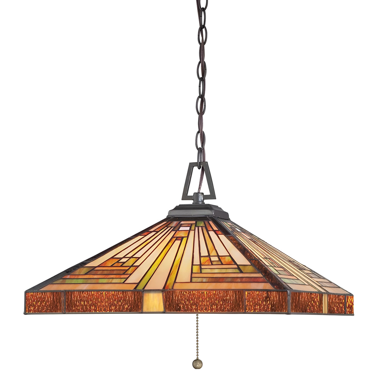 The Stephen 3 Light Tiffany Pendant in Vintage Bronze beautifully displays a geometric pattern in amber, brown, and cream. It draws inspiration from the Arts & Crafts movement and includes vintage bronze accents, a chain suspension for hanging, and a pull chain for convenient operation.