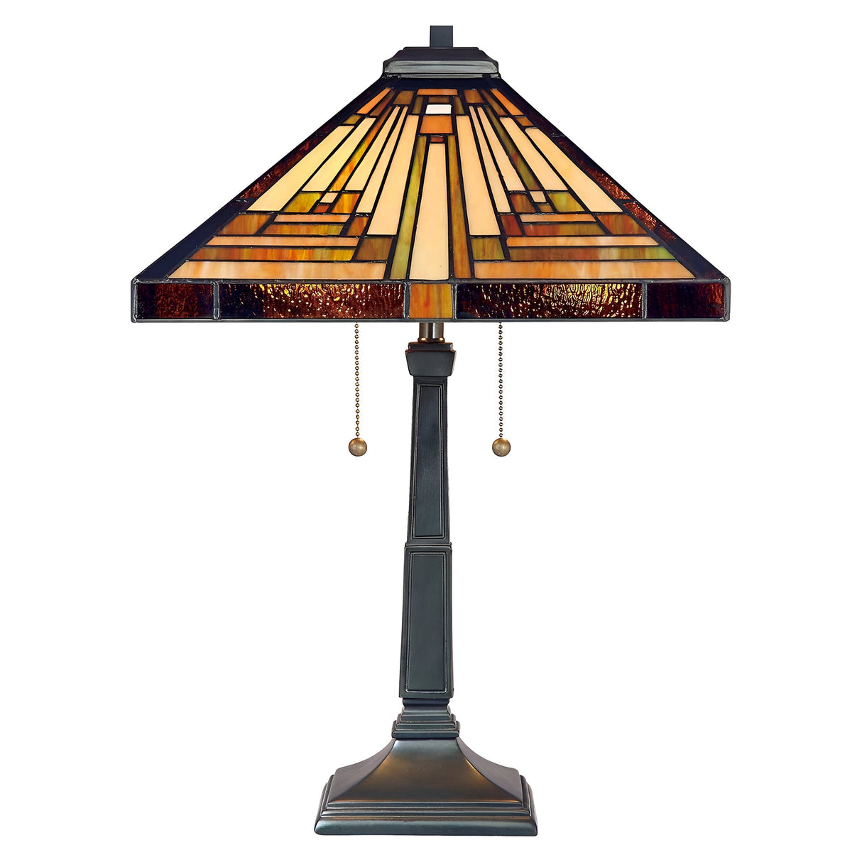 The Stephen 2 Light Tiffany Table Lamp - Vintage Bronze captures the essence of Frank Lloyd Wright's style with its stained glass design, featuring geometric patterns in warm amber, brown, and orange shades. It is complemented by a vintage bronze rectangular base and two pull chains for operation.