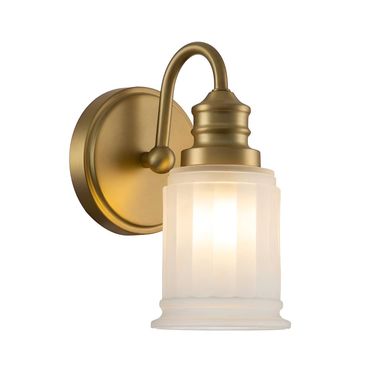 The Swell 1 Light Wall Light in brushed brass showcases sophistication with its elegant curved arm and frosted glass shade. With a circular base, this antique-inspired wall light provides ambient illumination that elevates any room's decor.