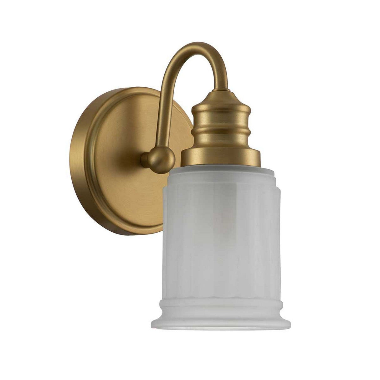 The Swell 1 Light Wall Light in brushed brass, featuring a frosted glass shade, is mounted against a plain white background. Its design showcases classic lines and an elegant finish, providing ambient illumination perfect for indoor lighting decor.