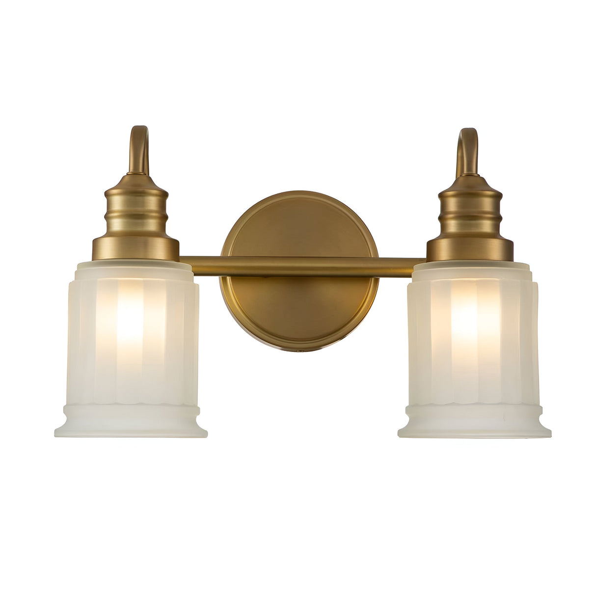 The Swell 2 Light Wall Light in brushed brass features a vintage style with two fluted frosted glass lampshades. It includes a round brass wall mount and a horizontal bar for added elegance, while meeting IP44 rating standards for moisture resistance.