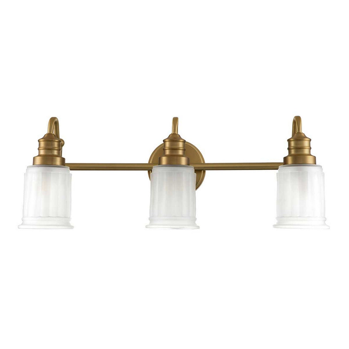 The Swell 3 Light Wall Light - Brushed Brass showcases a polished fixture with three frosted glass shades aligned in a row, each gracefully supported by a curved arm. Compatible with LED G9 bulbs, this timeless piece merges classic elegance with contemporary efficiency.