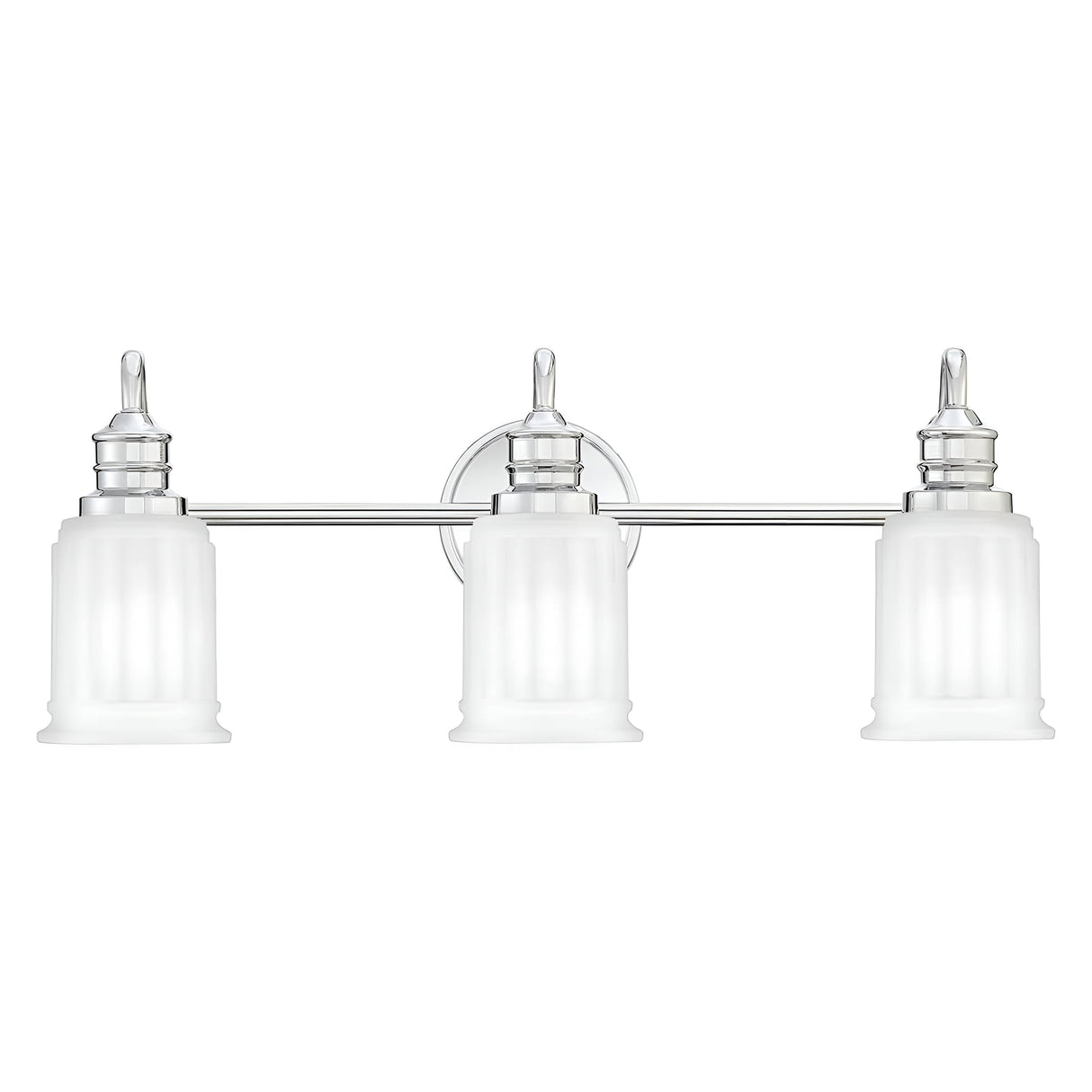 The Swell 3 Light Wall Light - Polished Chrome boasts a contemporary design with frosted glass shades. Ideal for bathroom vanities, it features three evenly spaced lights on a sleek horizontal bar connected to a circular mount, combining style and functionality.