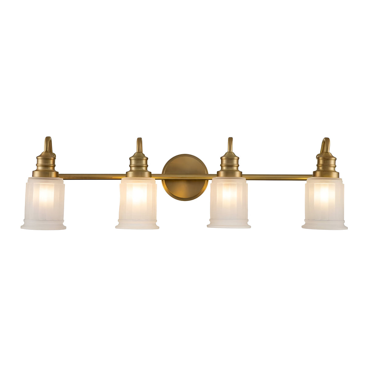 The Swell 4 Light Wall Light in brushed brass brings metropolitan sophistication to any bathroom vanity with its four cylindrical frosted glass shades, each topped with a decorative design. These evenly spaced shades are aligned along a horizontal bar and are supported flawlessly by a central circular mount.