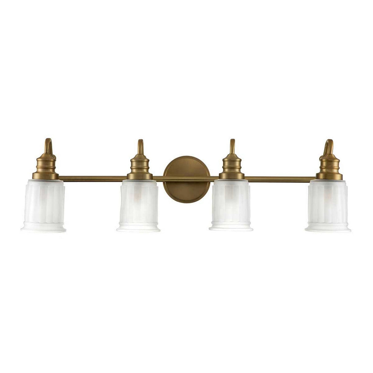 The Swell 4 Light Wall Light in brushed brass, featuring four frosted glass shades meticulously aligned along a horizontal bar, radiates metropolitan sophistication. Its design highlights elegant detailing with a central circular wall mount.
