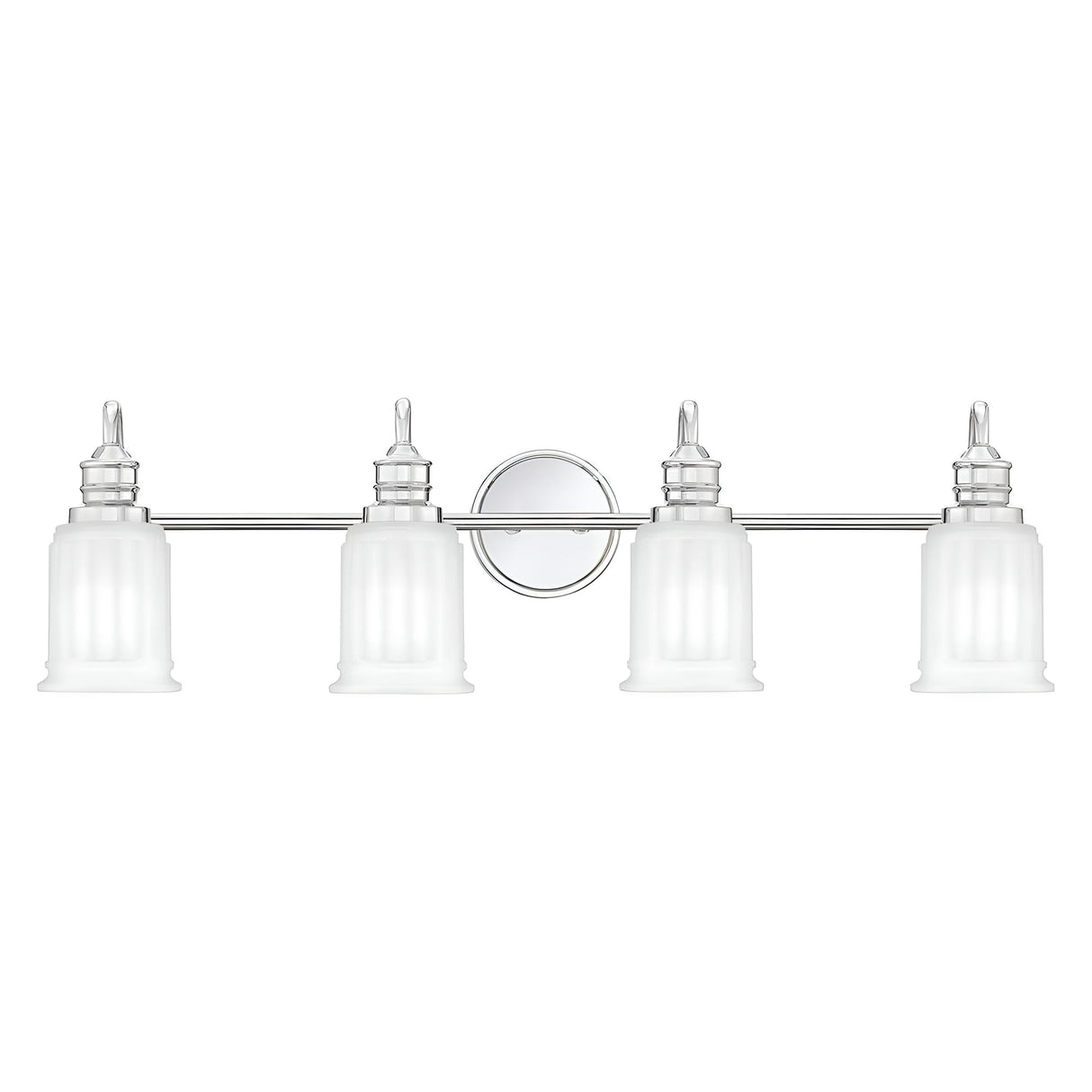 The Swell 4 Light Wall Light in polished chrome features a minimalist design with four frosted glass shades mounted on a horizontal bar attached to a circular base, adding contemporary flair to any modern home decor.