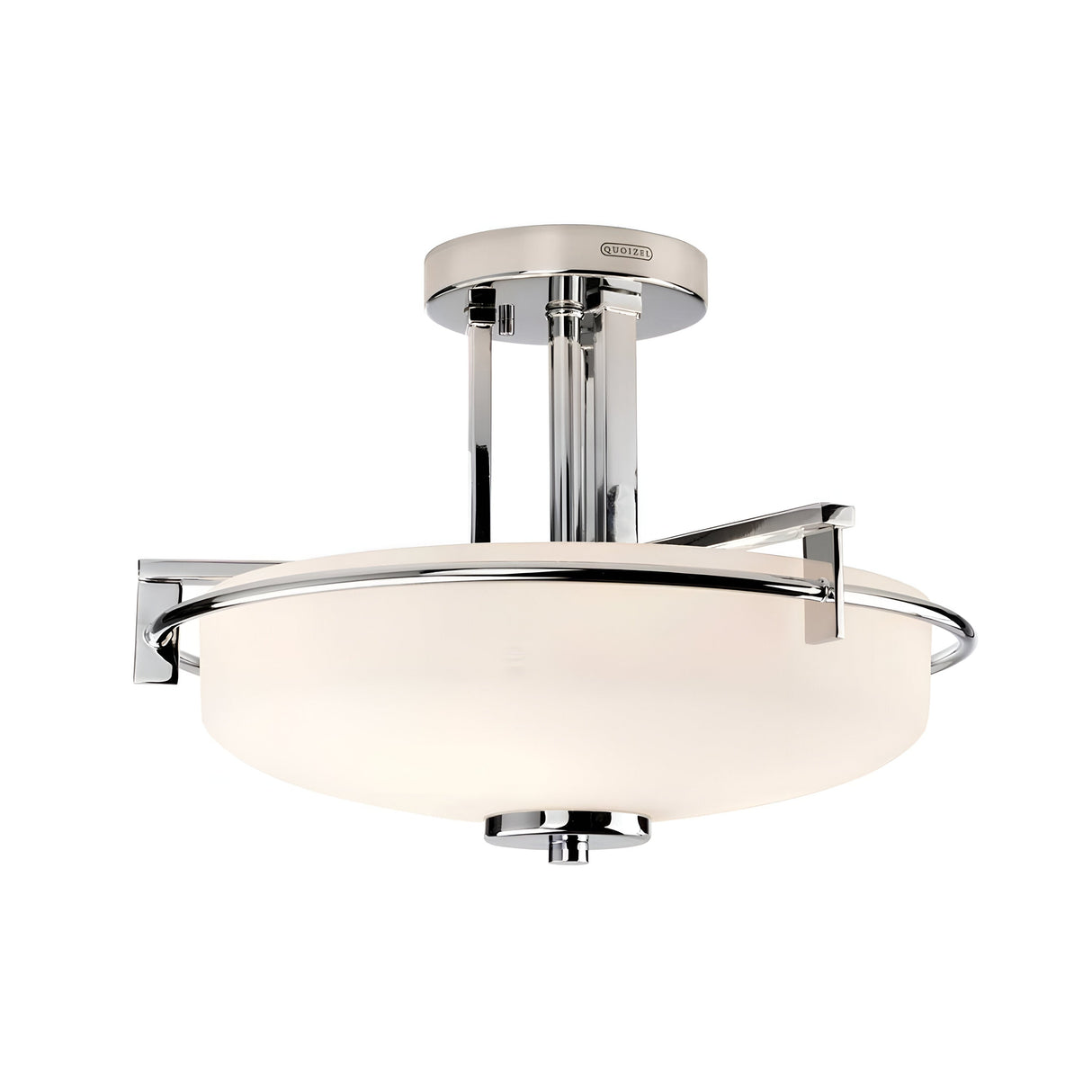 The Taylor 3 Light Semi-Flush - Polished Chrome features a round opal etched glass shade highlighted by a circular metal frame. Its polished chrome finish and sleek, straight lines enhance its elegant design.