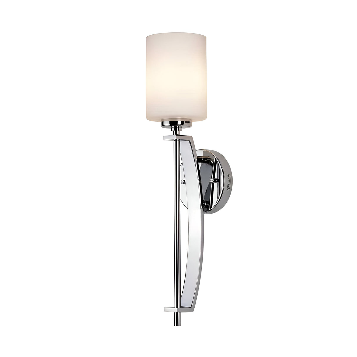 The Taylor 1 Light Large Wall Light - Polished Chrome showcases a sleek polished chrome finish and a cylindrical opal etched glass shade. Its minimalist design includes a long vertical support attached to a round wall mount, gently diffusing light through the finely crafted glass.