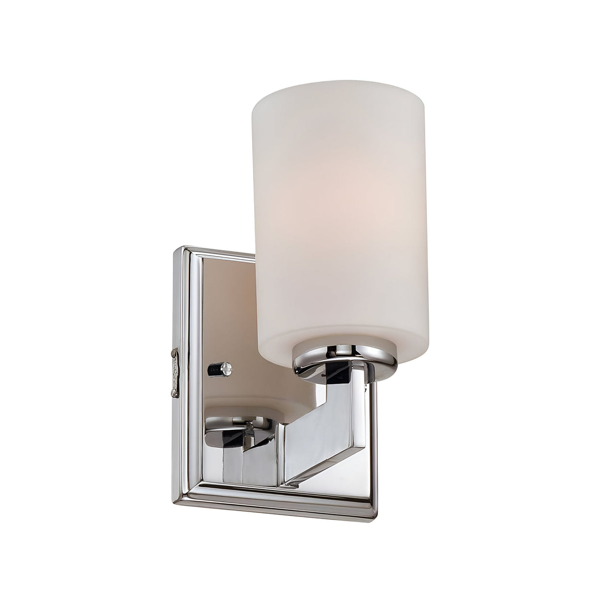 Introducing the Taylor 1 Light Small Wall Light, featuring a polished chrome finish and an opal glass shade. Its minimalist design, complemented by a rectangular backplate, adds an elegant touch to any interior decor.