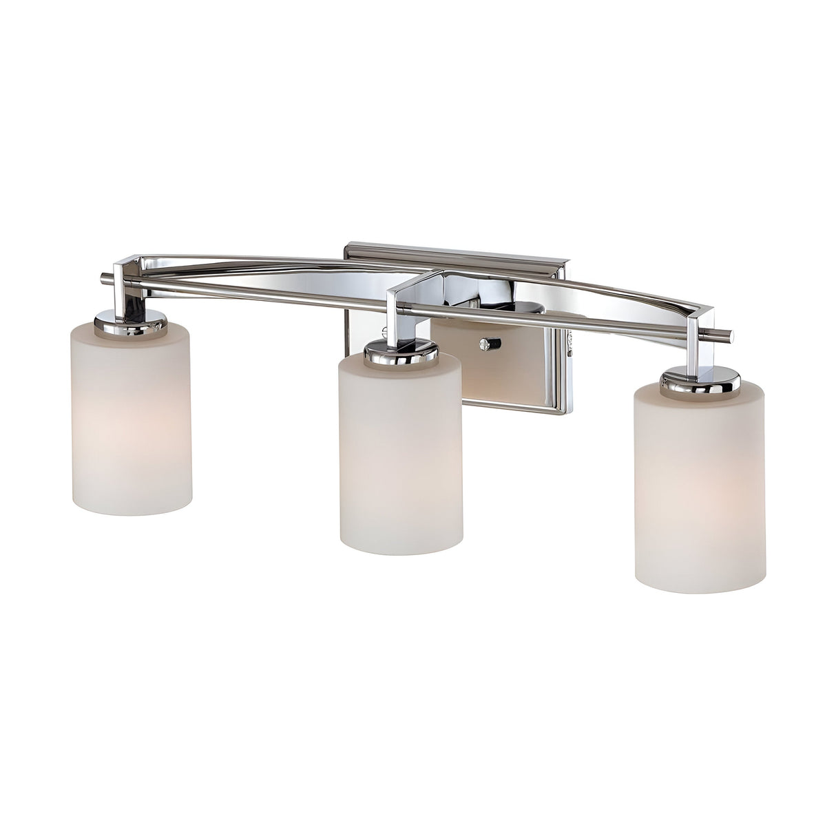 The Taylor 3 Light Wall Light in Polished Chrome is a contemporary vanity fixture featuring frosted cylindrical glass shades. It has a rectangular backplate and an elegant curved arm design, making it ideal for bathroom lighting. This fixture is compatible with LED G9 bulbs for energy-efficient illumination.