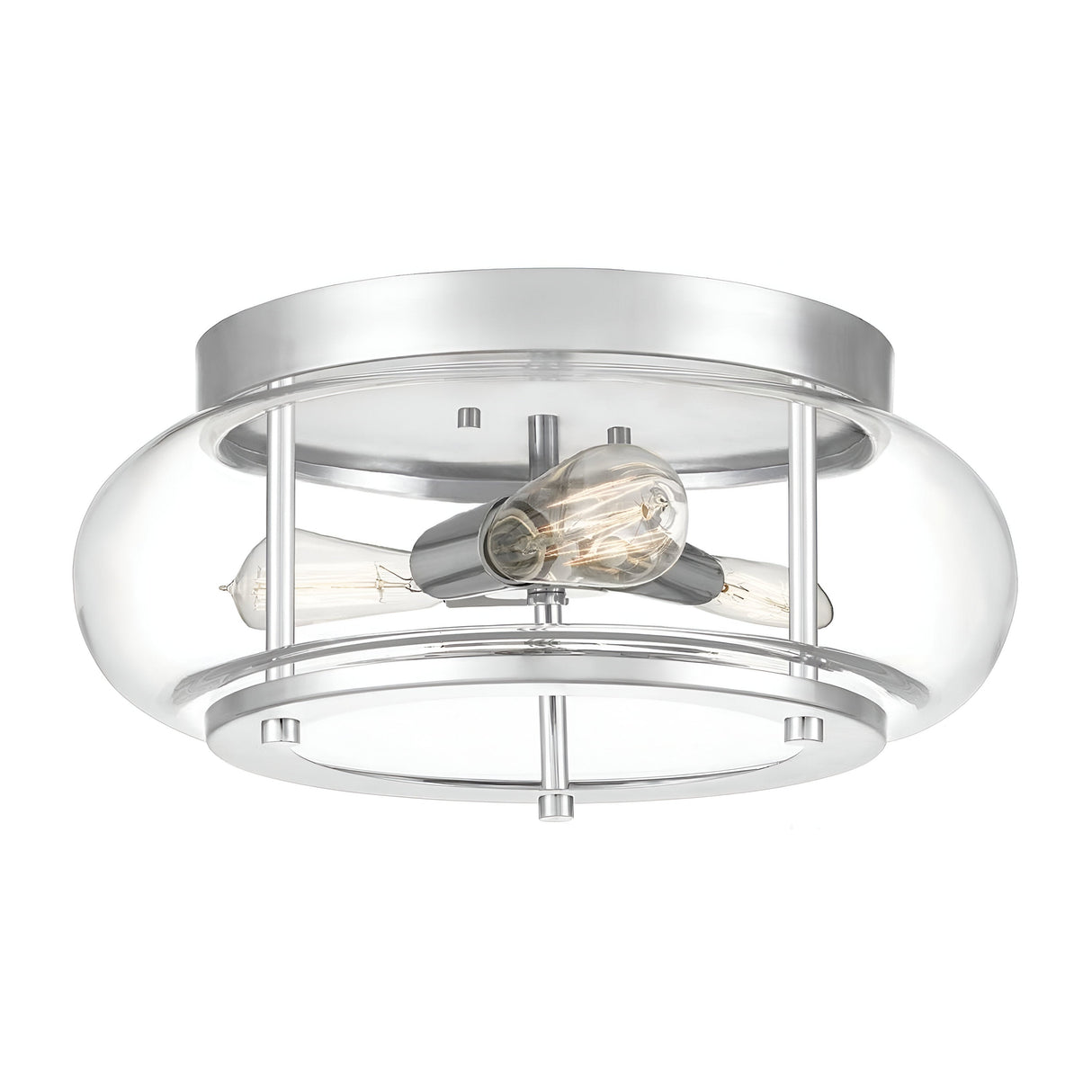 The Trilogy 3 Light Flush - Polished Chrome features a polished chrome finish and a clear, seeded glass shade. Its circular design, accentuated by three exposed bulbs, offers a sleek and contemporary appeal.