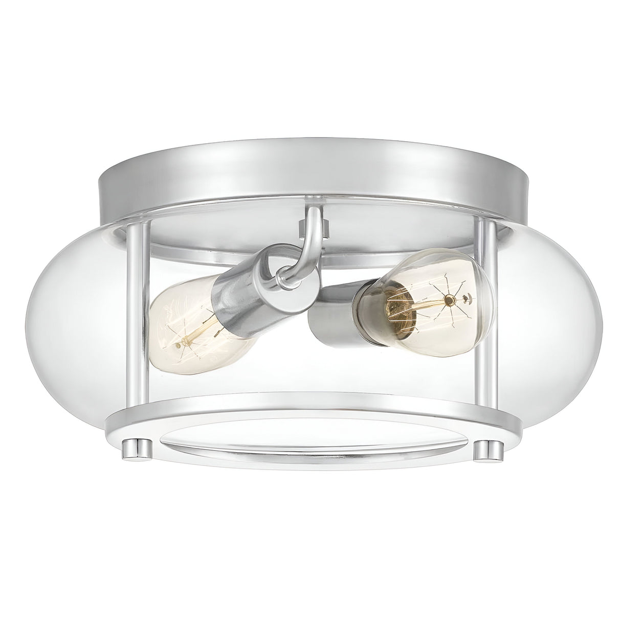 Introducing the Trilogy 2 Light Flush in Polished Chrome, this contemporary fixture features a circular polished chrome frame and two angled exposed bulbs enclosed by a seeded glass shade.