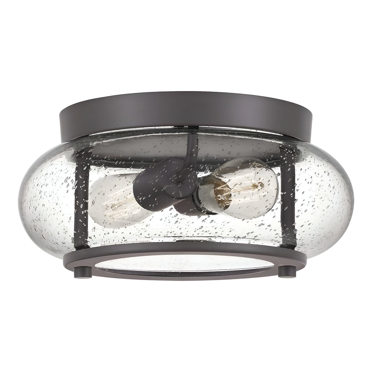 Close-up of the Trilogy 2 Light Flush fixture in old bronze, showcasing a modern round design with clear seeded glass shades. It features two exposed light bulbs inside, offering a sleek and contemporary appearance with vintage charm.