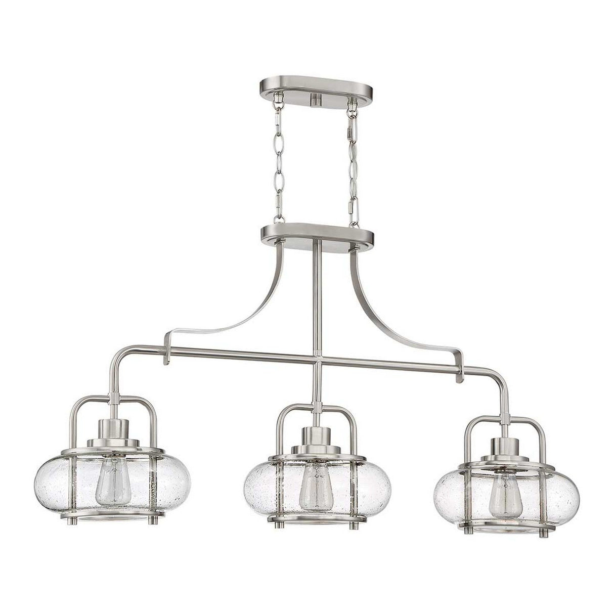 Introducing the Trilogy 3 Light Island Light - Brushed Nickel, a contemporary chandelier designed with a brushed nickel finish. It showcases three seeded glass shades with a bubble texture, each housing an elongated bulb. This elegant fixture is suspended from a rectangular ceiling mount by sleek chains and metal arms, embodying modern sophistication.