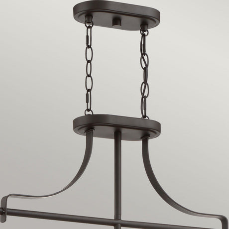 A close-up view of the Trilogy 3 Light Island Light - Olde Bronze reveals a modern metal chandelier with LED filament bulbs, supported by two chains attached to a rectangular ceiling mount. Its smooth, curved arms extend downward, connecting to the main fixture below. This industrial lighting piece boasts an Olde Bronze charm with its dark, matte finish.