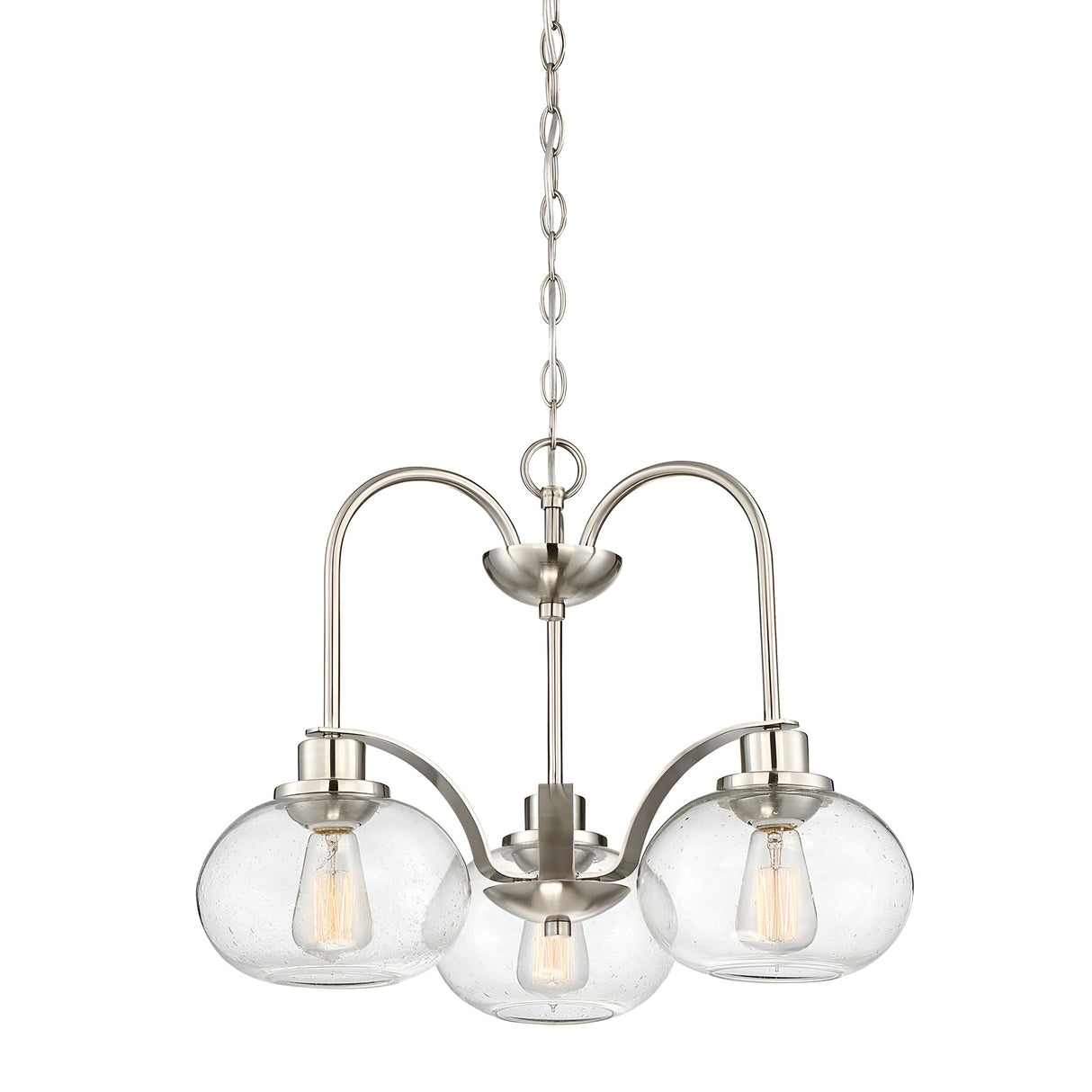 The Trilogy 3 Light Chandelier features a brushed nickel finish and a sleek metal frame, showcasing three globe-shaped seeded glass shades, each housing a bulb and suspended elegantly from a chain for a contemporary touch that complements diverse interior styles.