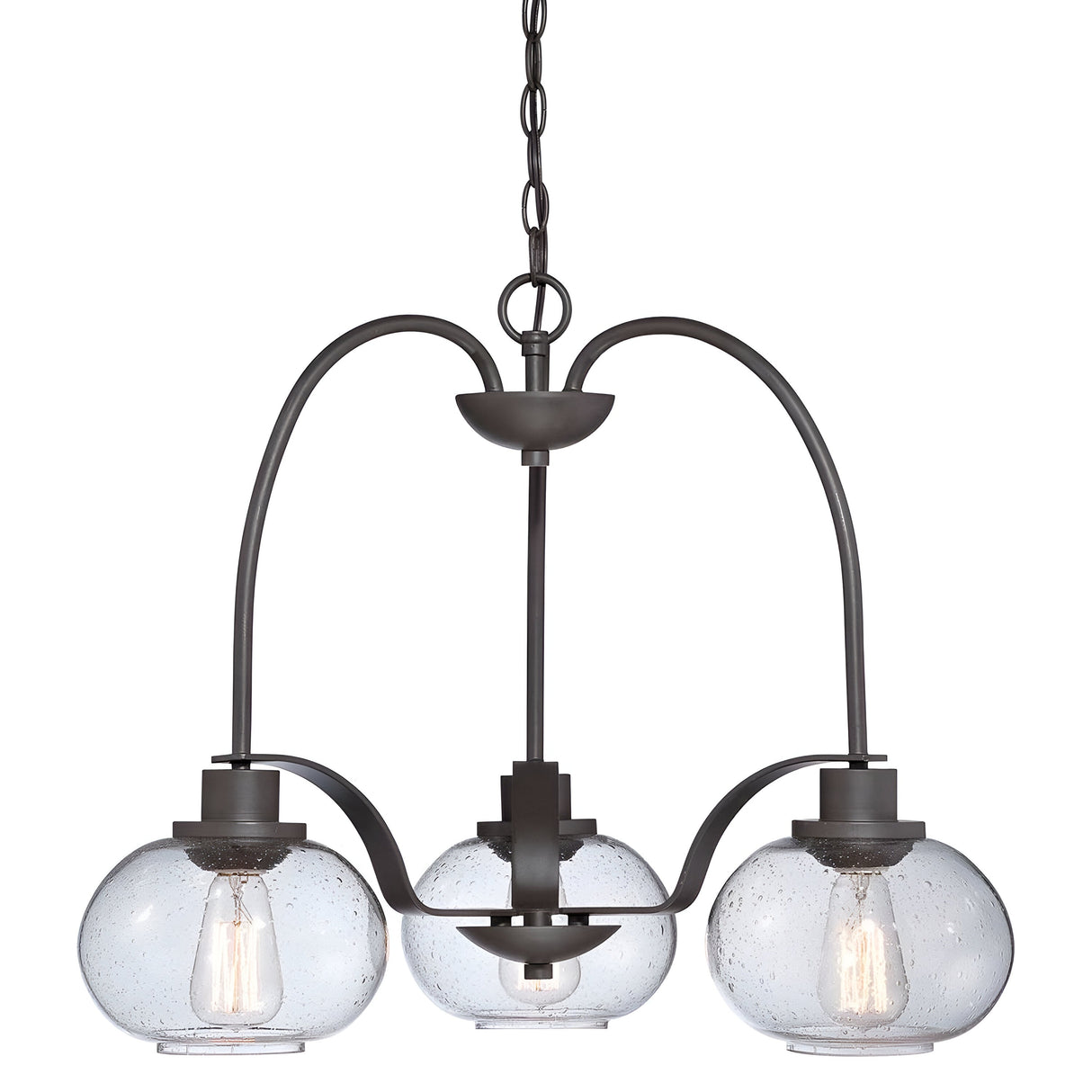 The Trilogy 3 Light Chandelier - Old Bronze showcases an Old Bronze finish with a dark metal frame and clear, seeded glass globe shades. This fixture includes a hanging chain and vintage-style exposed bulbs, providing both contemporary and classic charm.