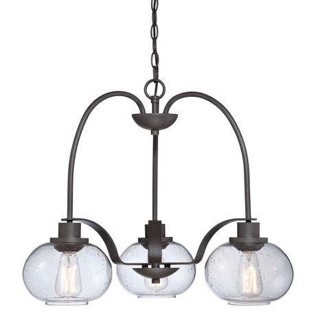 The Trilogy 3 Light Chandelier - Old Bronze showcases an Old Bronze finish with a dark metal frame and clear, seeded glass globe shades. This fixture includes a hanging chain and vintage-style exposed bulbs, providing both contemporary and classic charm.