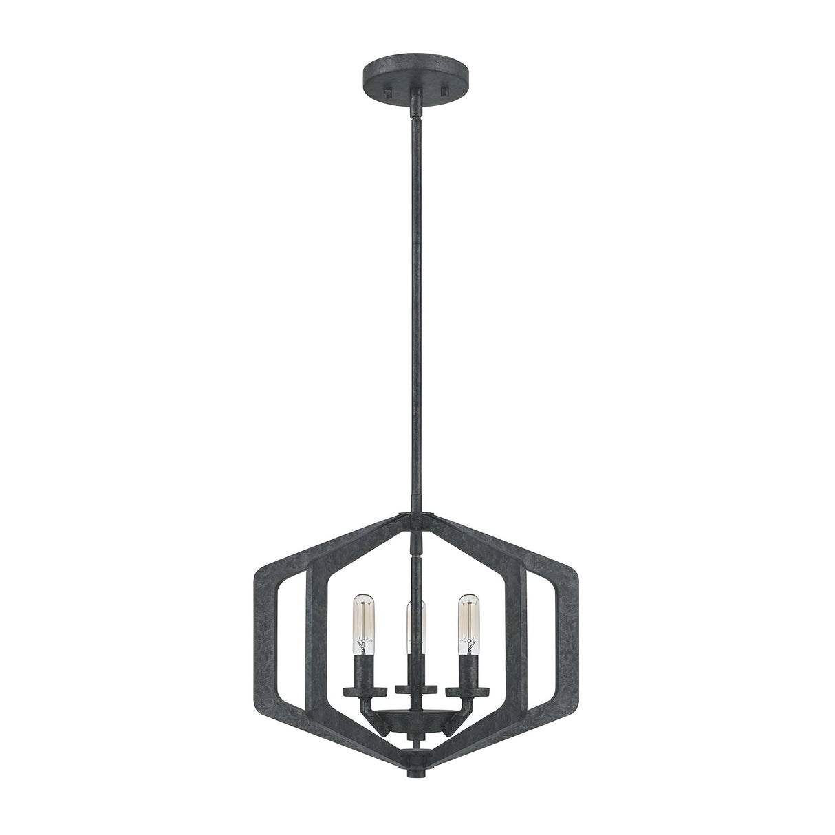 The Vanguard 3 Light Chandelier in Old Black features a modern pendant design with a geometric hexagonal frame in a dark finish, showcasing three exposed bulbs at its center, supported by a down rod and connected to a circular ceiling mount.