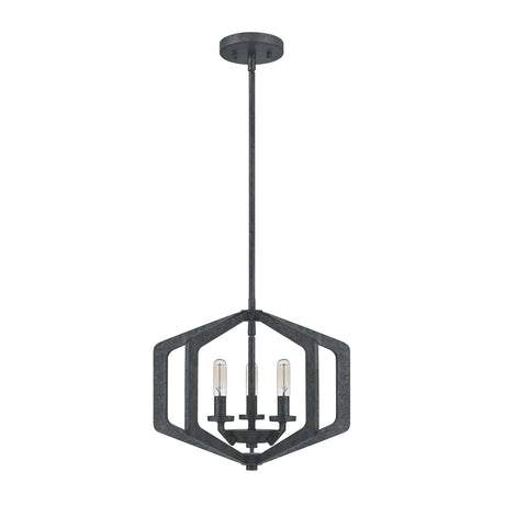 The Vanguard 3 Light Chandelier in Old Black features a modern pendant design with a geometric hexagonal frame in a dark finish, showcasing three exposed bulbs at its center, supported by a down rod and connected to a circular ceiling mount.