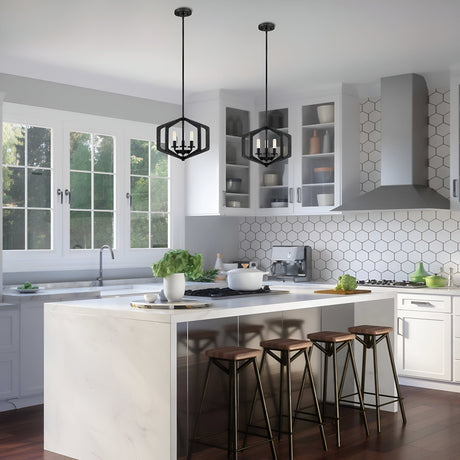A modern kitchen features white cabinets, a hexagonal tile backsplash, and an island with a marble countertop. Four wooden stools are neatly arranged along the island. Overhead, the Vanguard 3 Light Chandelier in Old Black complements two pendant lights. A window offers a view of greenery outside.