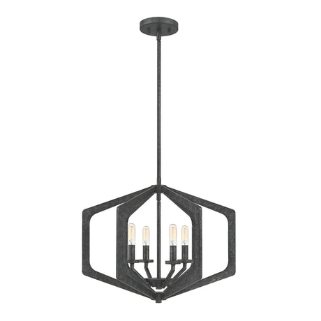 The Vanguard 4 Light Chandelier - Old Black showcases a sleek, contemporary vibe with its hexagonal design, black metal frame, and four exposed light bulbs, inspired by geometric shapes and industrial aesthetics.