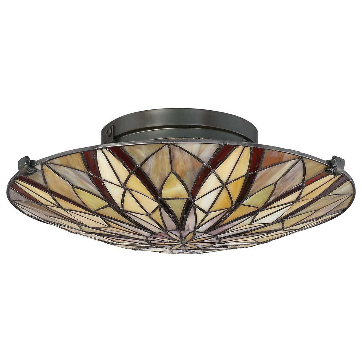 The Victory 2 Light Tiffany Semi-Flush ceiling light fixture features a geometric pattern in shades of cream, brown, and burgundy, and is mounted on a Valiant Bronze metal base.